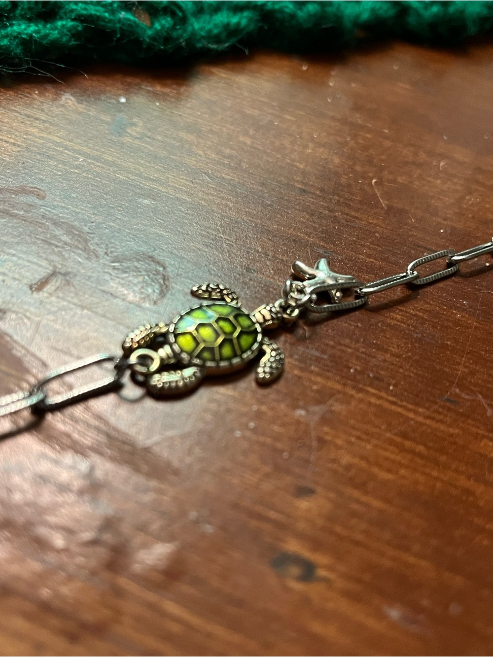 Silver Turtle Charm Bracelet with Green Enamel Shell Starfish Charm